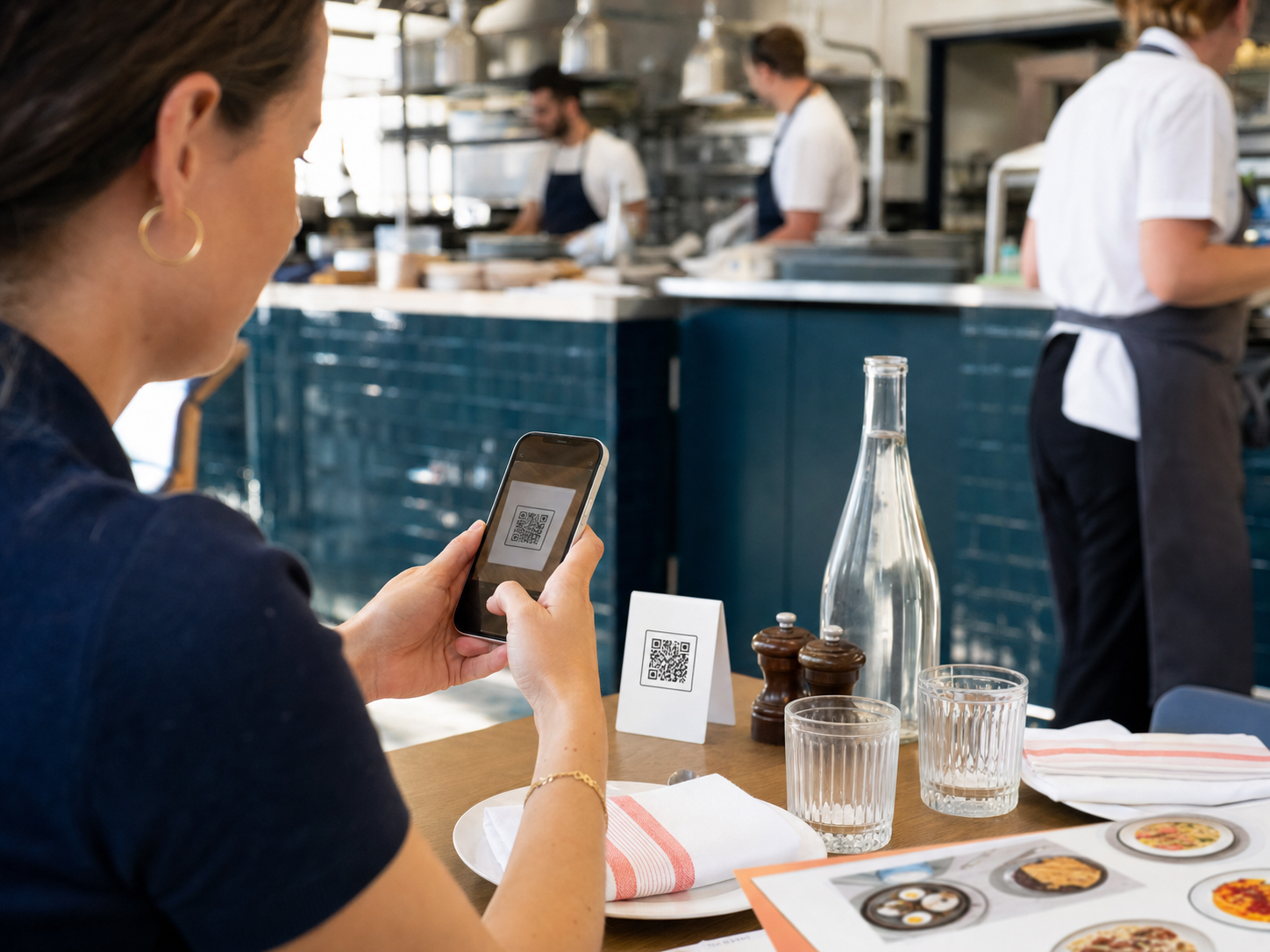 Client scannant un QR code dans un restaurant en France.